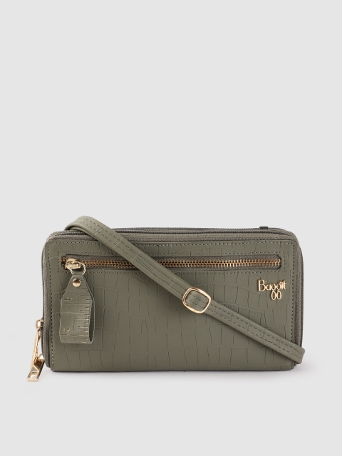 

Baggit Women Olive Green Croc Textured Zip Around Wallet with Sling Strap