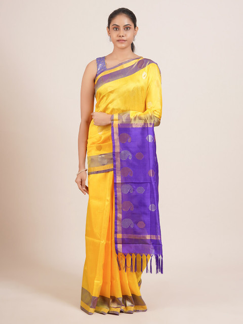 

Pothys Yellow & Blue Woven Design Pure Silk Uppada Saree