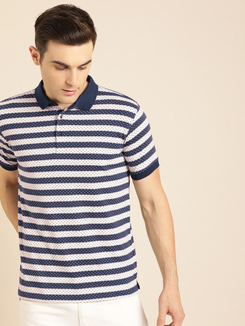 

ether Men Navy Blue & Off-White Striped Polka Dobby Polo T-Shirt