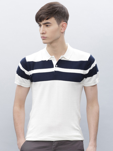 

ether Men Off-White Striped Polo Pure Cotton T-shirt