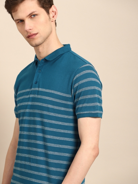 

ether Men Teal Blue Grey Striped Polo Collar Pure Cotton T-shirt