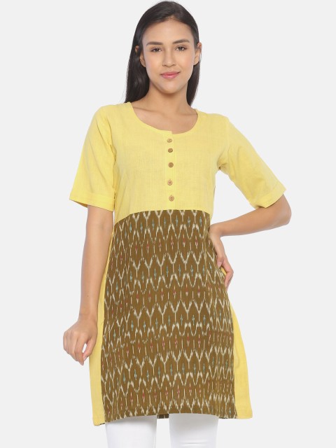 

Resha Yellow & Brown Ikat Colourblocked Pure Cotton Handloom Empire Kurti