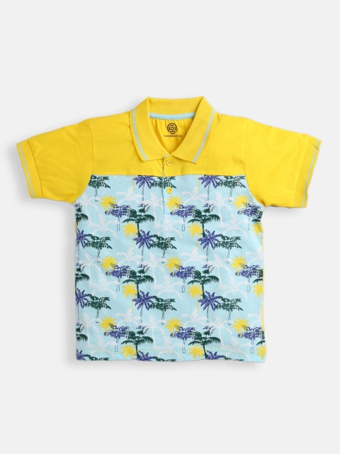 

TAMBOURINE Boys Yellow Floral Printed High Neck Tropical Applique T-shirt