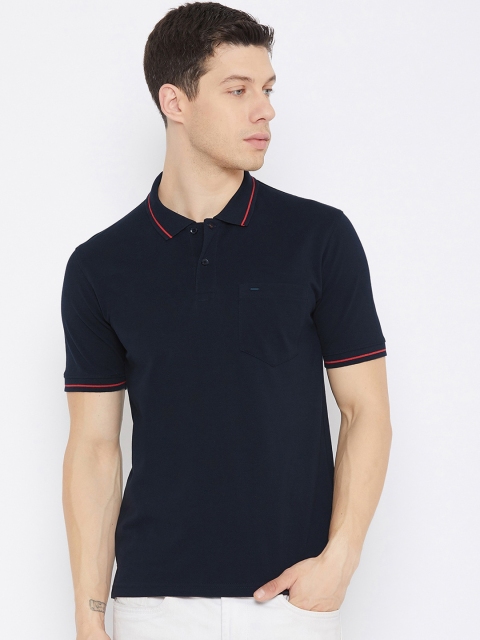 

Okane Men Navy Blue Polo Collar Cotton T-shirt