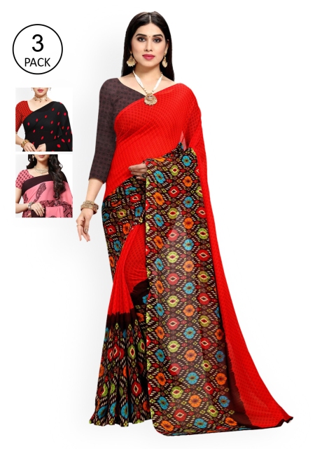 

KALINI Pack of 3 Black & Red Saree