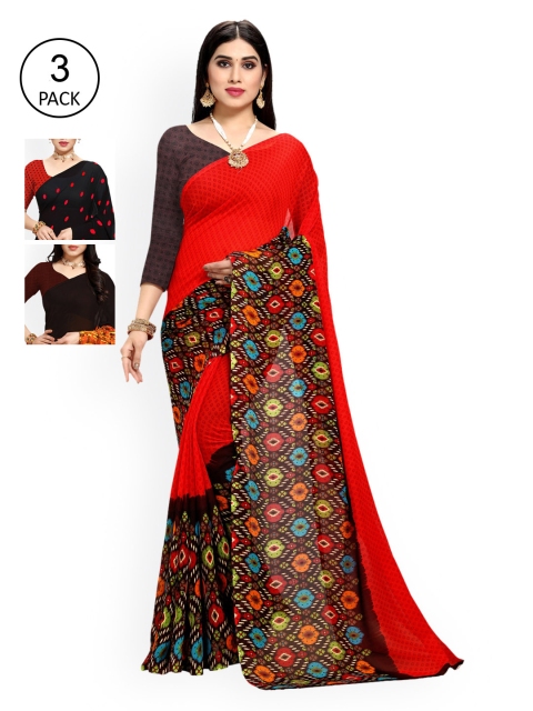 

KALINI Black & Red Pack of 3 Printed Saree