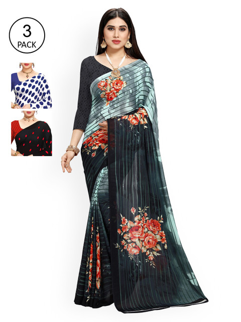 

KALINI Women Pack of 3 Printed Poly Georgette Sarees, Grey