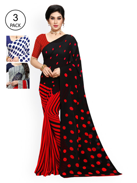 

KALINI Pack Of 3 Poly Georgette Printed Sarees, White