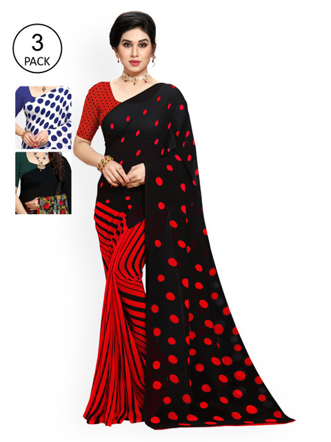

KALINI Women Pack of 3 Printed Poly Georgette Sarees, White
