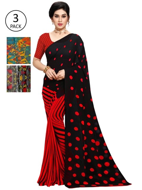 

KALINI Pack of 3 Poly Georgette Printed Sarees, Black