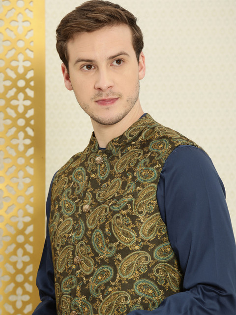 

House of Pataudi Men Coffee Brown & Gold Ethic Motifs Printed Nehru Jacket