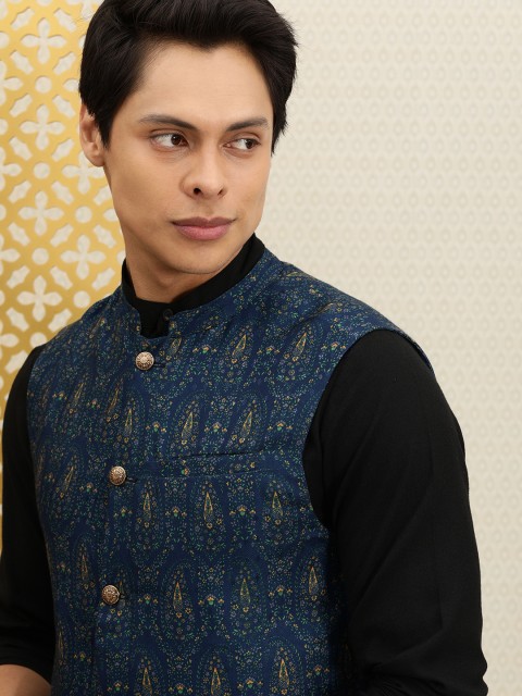 

House of Pataudi Men Navy Blue Printed Jashn Nehru Jacket