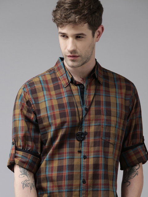 

Roadster Men Camel Brown Tartan Checks Opaque Pure Cotton Casual Shirt