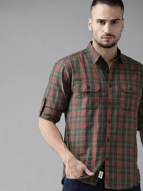 

Roadster Men Olive Green & Red Cotton Tartan Checks Casual Shirt