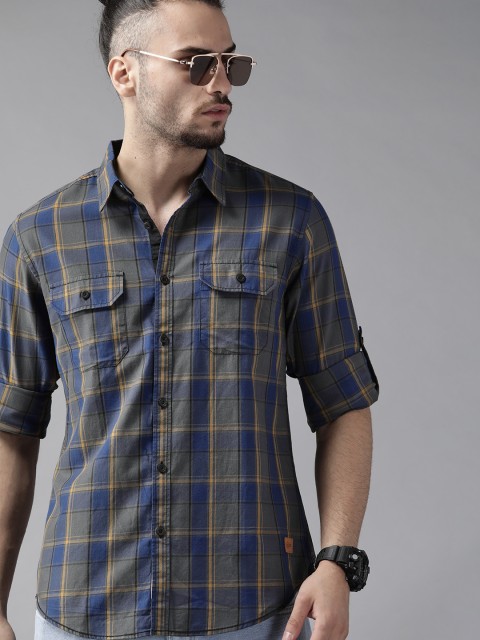 

Roadster Men Blue & Mustard Yellow Pure Cotton Tartan Checked Casual Shirt