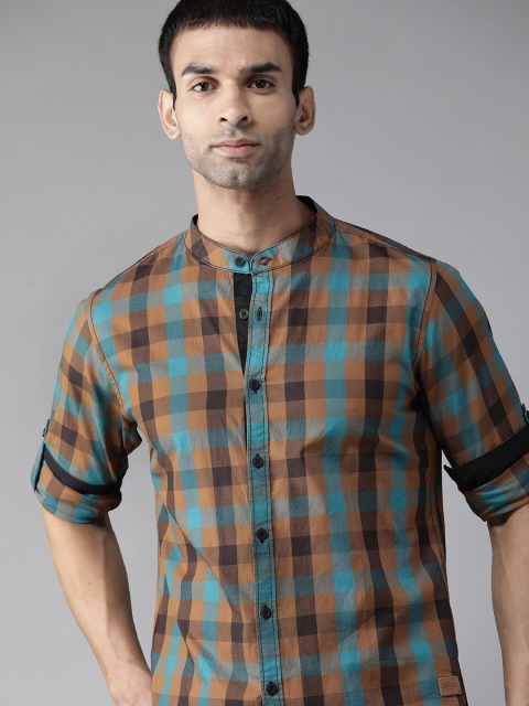 

Roadster Men Brown & Blue Pure Cotton Gingham Checked Casual Shirt