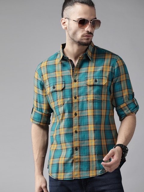 

Roadster Men Blue & Mustard Yellow Cotton Tartan Checks Casual Shirt