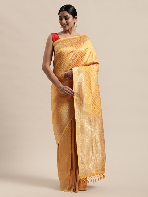 

PACHE Mustard & Gold-Toned Ethnic Motifs Zari Art Silk Banarasi Saree
