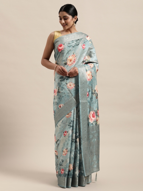 

PACHE Blue & Pink Floral Printed Zari Silk Cotton Chanderi Saree