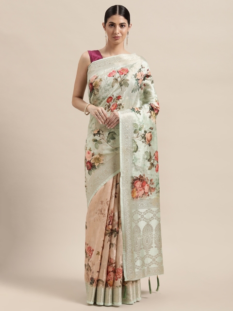 

PACHE Green & Pink Floral Zari Silk Cotton Chanderi Saree