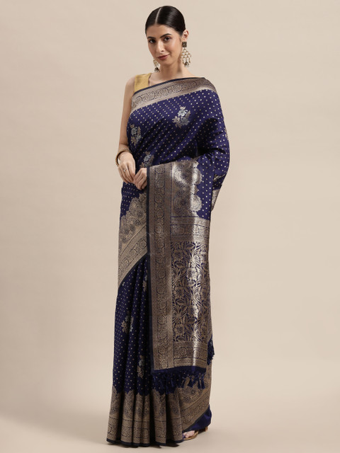 

PACHE Navy Blue & Silver-Toned Floral Zari Art Silk Banarasi Saree