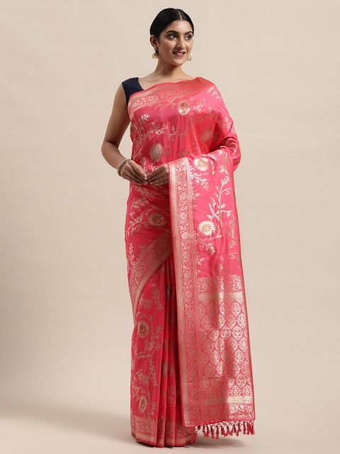 

PACHE Coral Red & Gold-Toned Floral Zari Art Silk Banarasi Saree