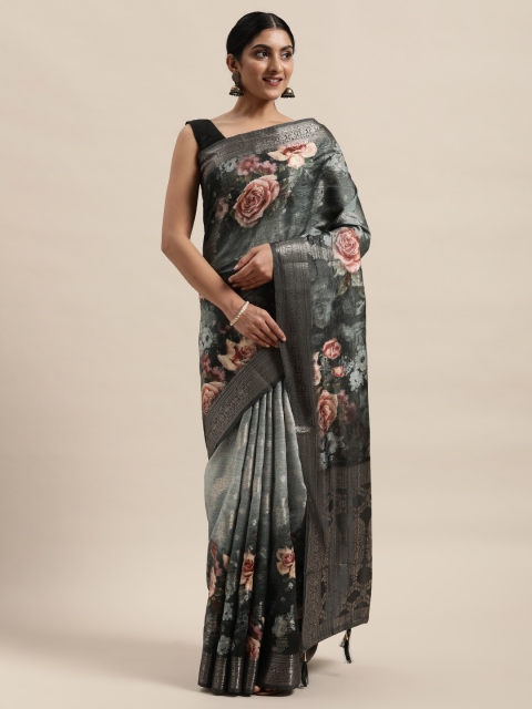 

PACHE Green & Peach-Coloured Floral Printed Zari Silk Cotton Chanderi Saree
