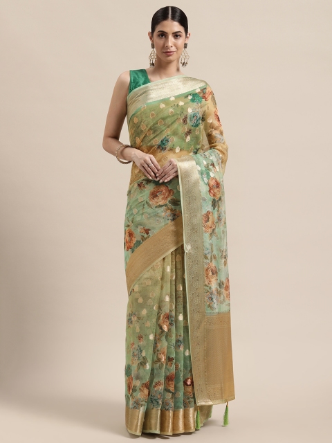 

PACHE Yellow & Green Floral Silk Cotton Chanderi Saree