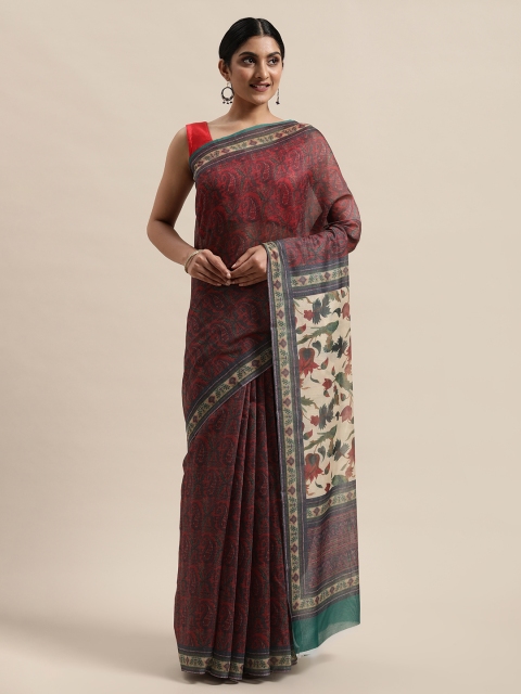 

PACHE Maroon & Green Paisley Printed Silk Cotton Chanderi Saree