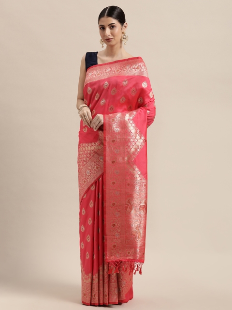 

PACHE Pink & Gold-Toned Floral Zari Art Silk Banarasi Saree