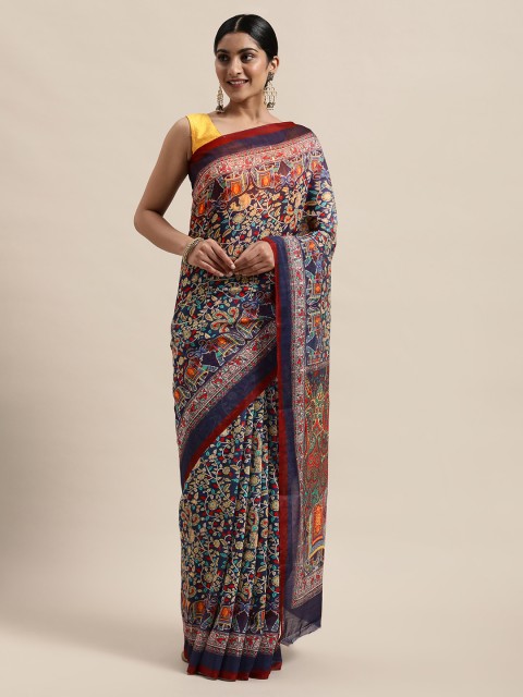 

PACHE Blue & Yellow Ethnic Motifs Printed Silk Cotton Chanderi Saree