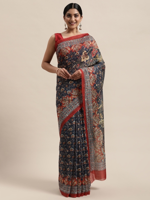 

PACHE Multicoloured & Navy Blue Floral Silk Cotton Chanderi Saree, Multi