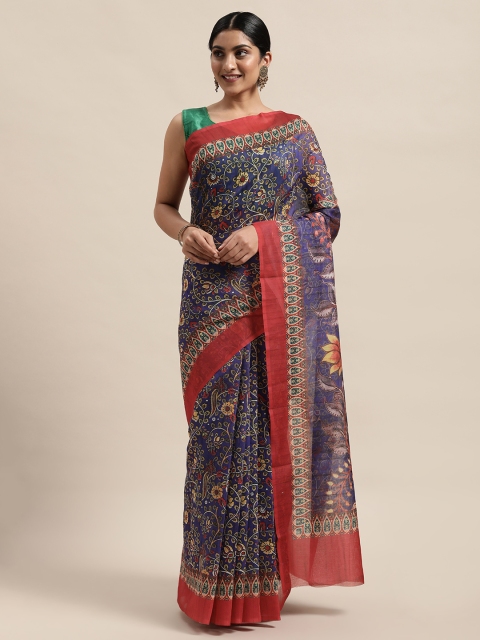 

PACHE Blue & Yellow Floral Printed Silk Cotton Chanderi Saree