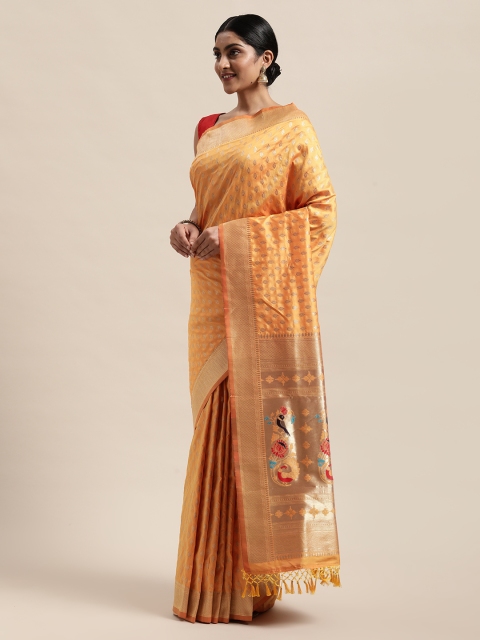 

PACHE Blue & Mustard Floral Zari Art Silk Kanjeevaram Saree
