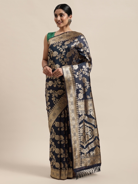 

PACHE Blue & Gold-Toned Floral Zari Art Silk Banarasi Saree