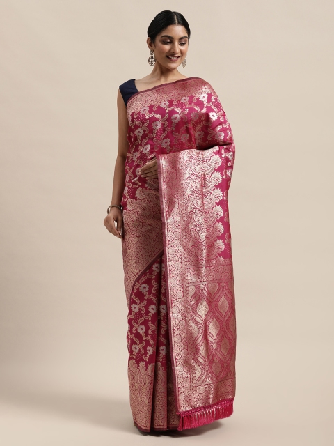 

PACHE Pink & Gold-Toned Floral Zari Art Silk Banarasi Saree