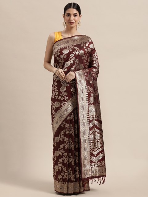 

PACHE Burgundy & Silver-Toned Floral Zari Art Silk Banarasi Saree