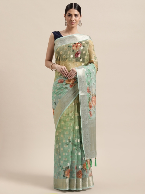 

PACHE Green & Yellow Floral Silk Cotton Chanderi Saree