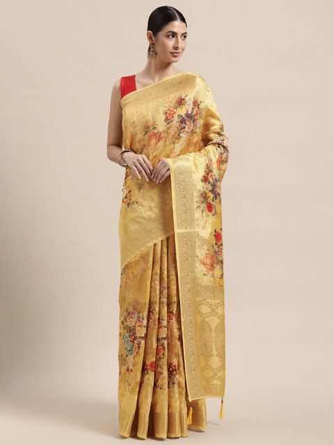 

PACHE Yellow Floral Silk Cotton Chanderi Saree