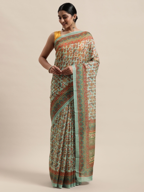 

PACHE Sea Green & Orange Floral Printed Silk Cotton Chanderi Saree