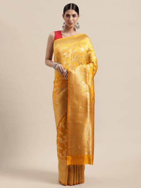 

PACHE Mustard & Gold-Toned Floral Zari Art Silk Banarasi Saree