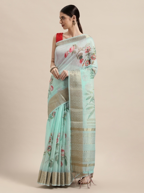 

PACHE Turquoise Blue & Golden Floral Zari Silk Cotton Chanderi Saree
