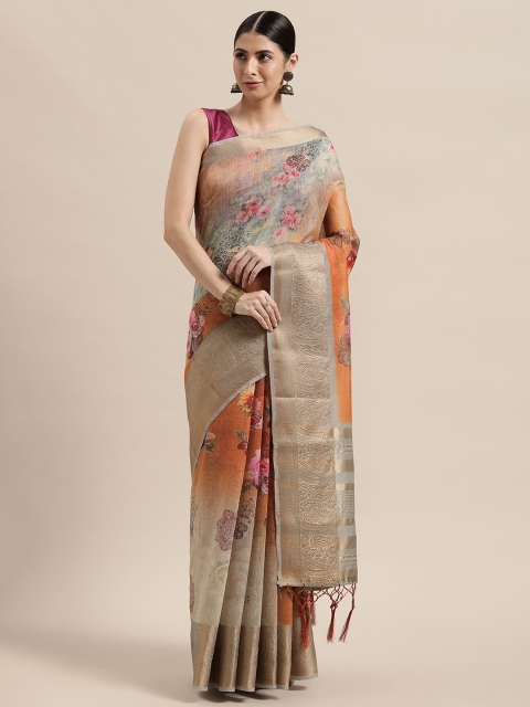

PACHE Orange & Pink Floral Zari Silk Cotton Chanderi Saree