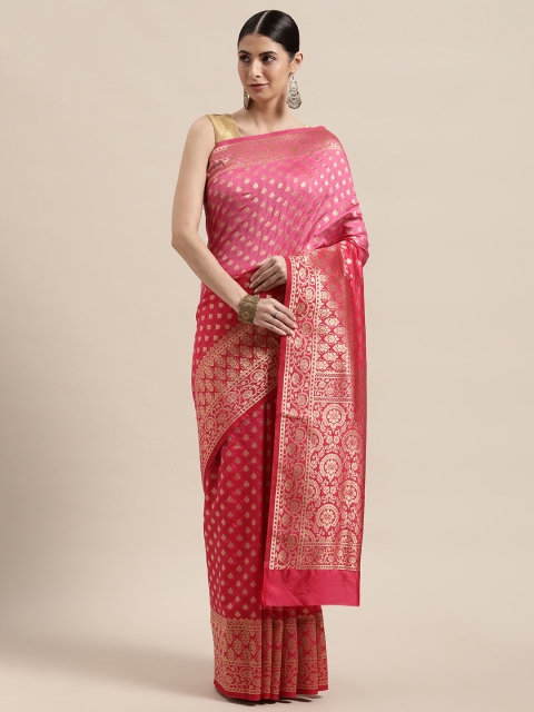 

PACHE Pink & Gold-Toned Floral Zari Art Silk Kanjeevaram Saree
