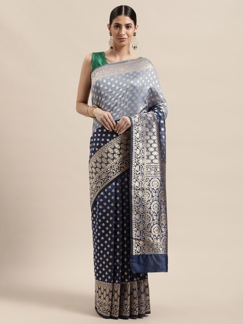 

PACHE Blue & Gold-Toned Floral Zari Art Silk Kanjeevaram Saree