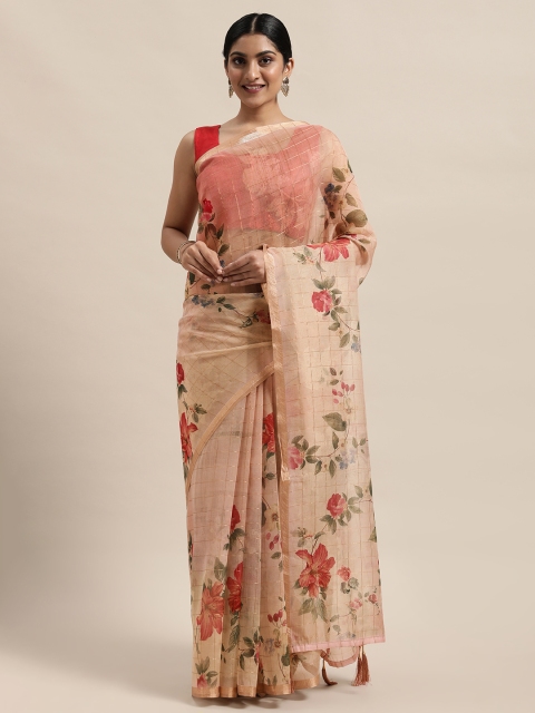 

PACHE Peach-Coloured & Pink Floral Printed Zari Organza Saree
