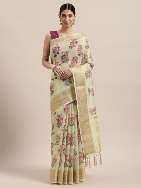 

PACHE Beige Floral Print Silk Cotton Chanderi Saree