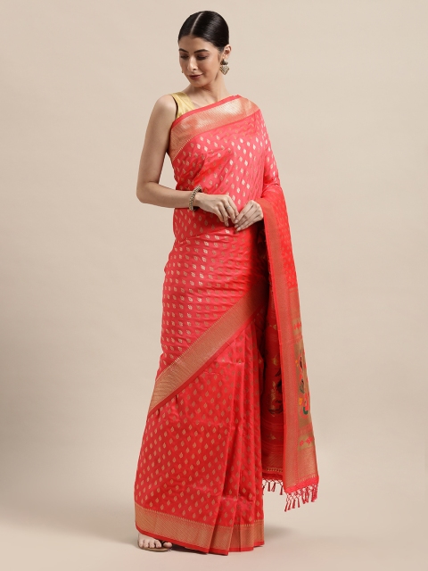 

PACHE Coral Red & Golden Ethnic Motifs Zari Art Silk Kanjeevaram Saree
