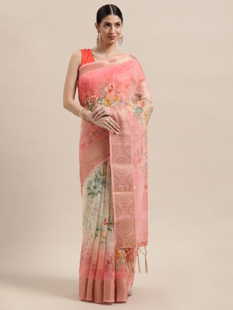 

PACHE Pink Floral Print Silk Cotton Chanderi Saree