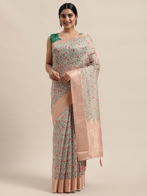 

PACHE Peach-Coloured & Green Floral Printed Zari Saree
